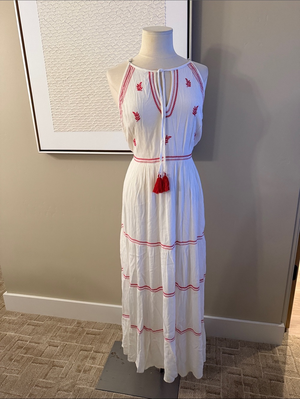 Band of Gypsies White Maxi Dress with Red Embroidery and Tassels